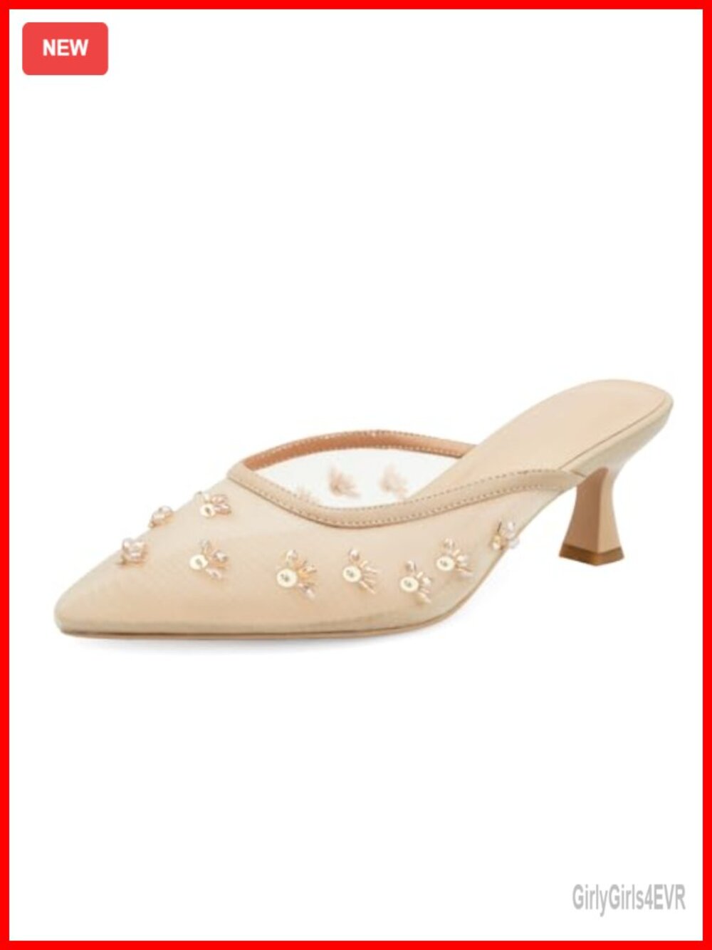 Kitten Heel Mules mesh crystal flower pointed toe low heel slip on pumps